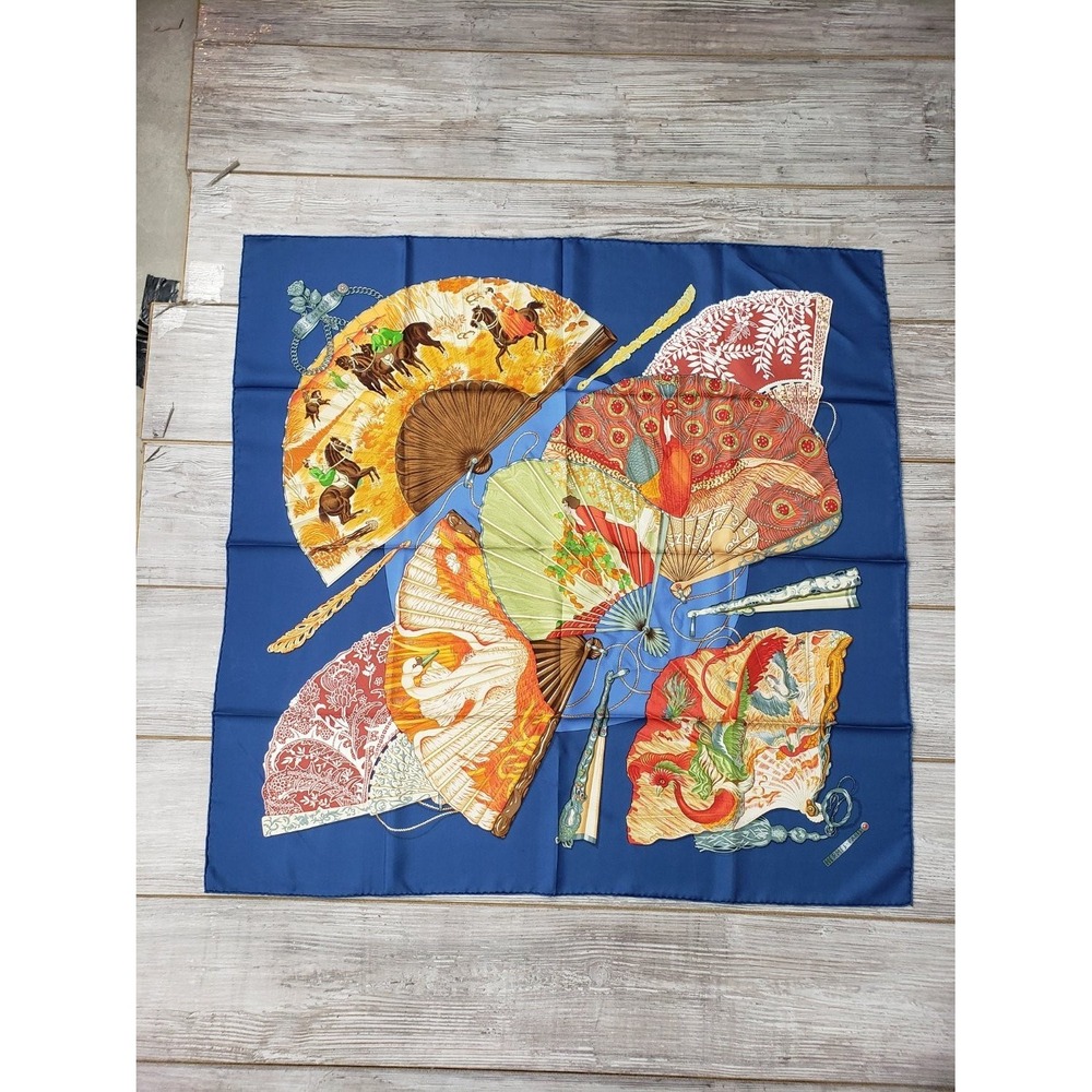 Hermès Brise de Charme 35in Silk Scarf Blue Equestrian Fan Design w Box